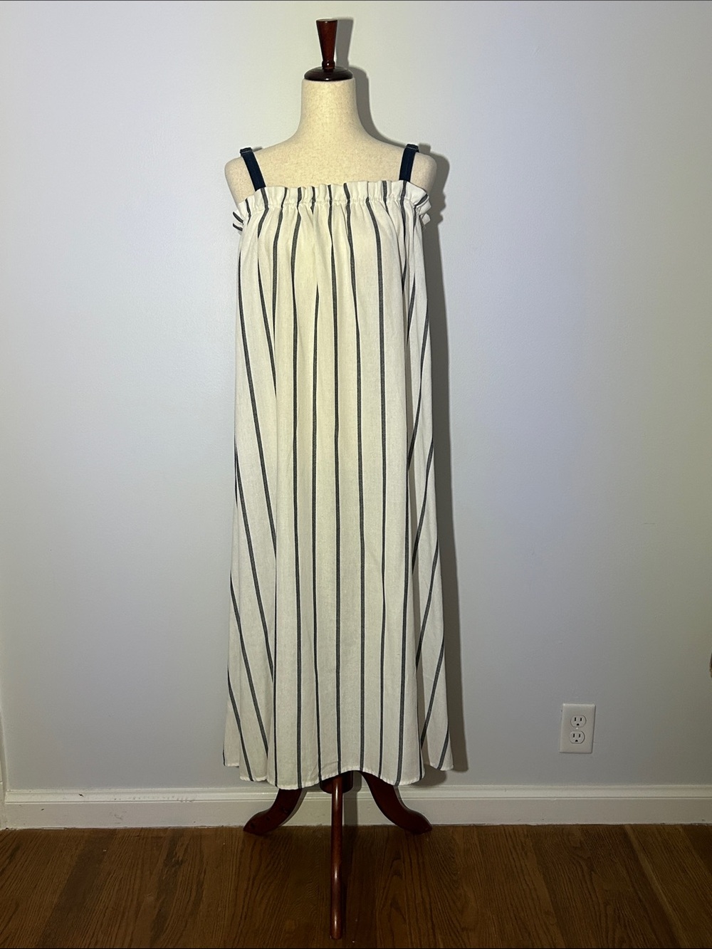 Navy and White Striped Midi Sundress with Spaghetti Straps Lagenlook